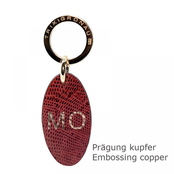 Trixi Gronau leather key fob Urbany Tejus Lizzard embossing aubergine, embossing copper